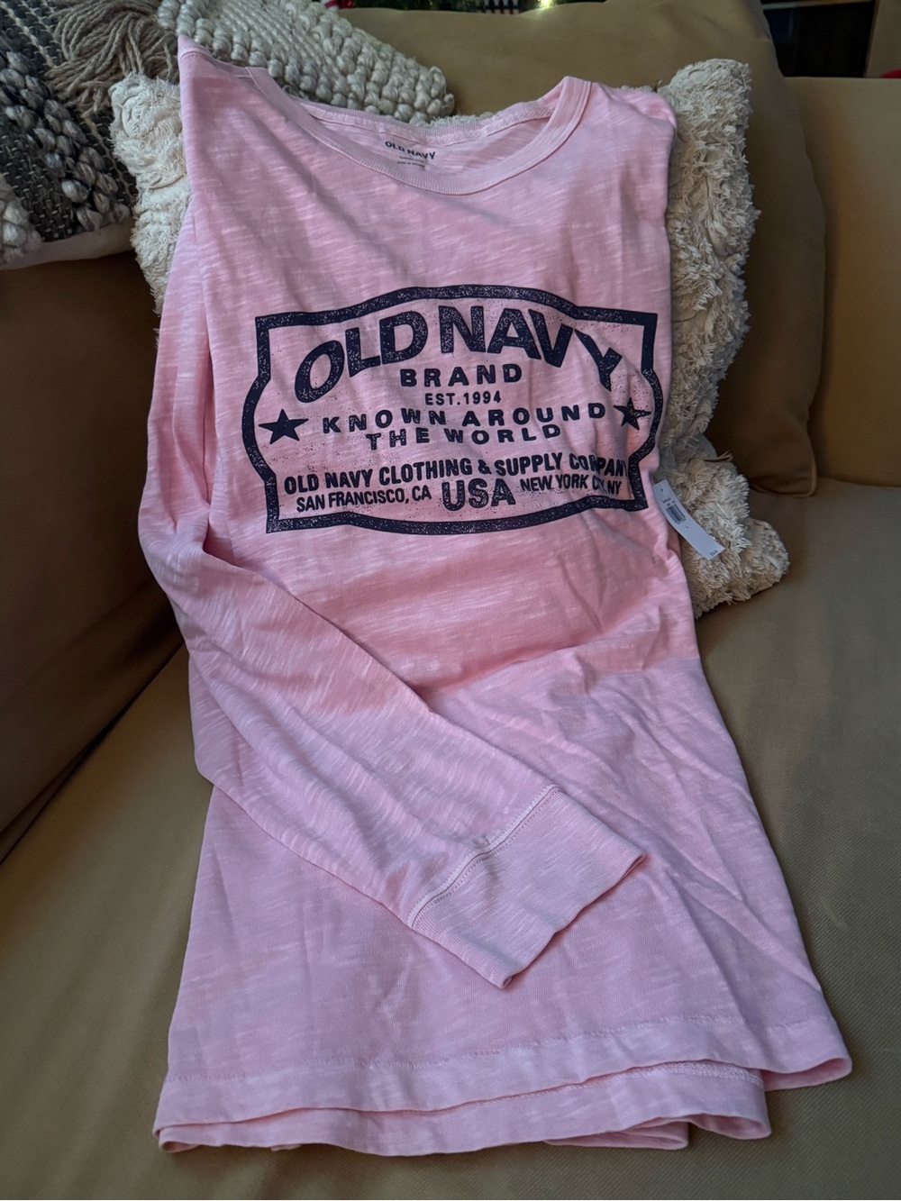 Old Navy Light Pink Long Sleeve Tee with Navy Graphic Logo